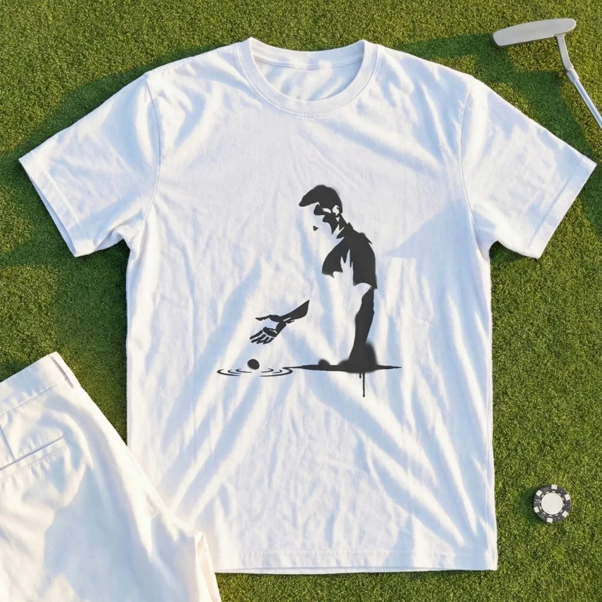 White t-shirt with stencil graphic of a golfer putting on green grass.