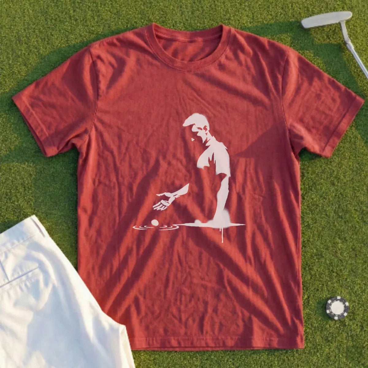 Red t-shirt with golfer silhouette graphic, white shorts, and golf tee.