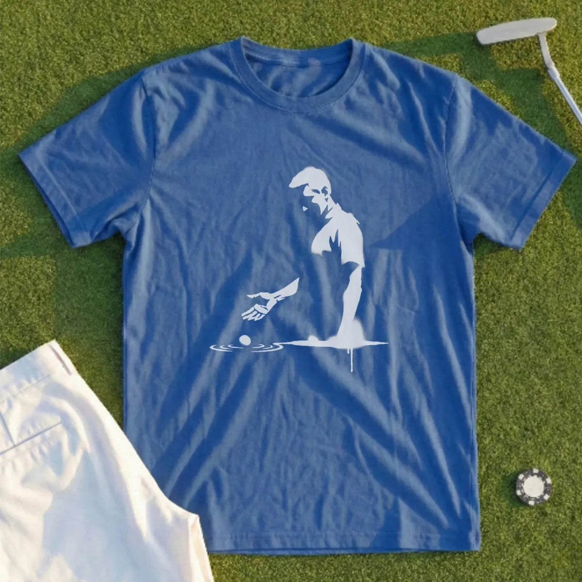 Blue t-shirt with graphic of golfer about to putt a ball.