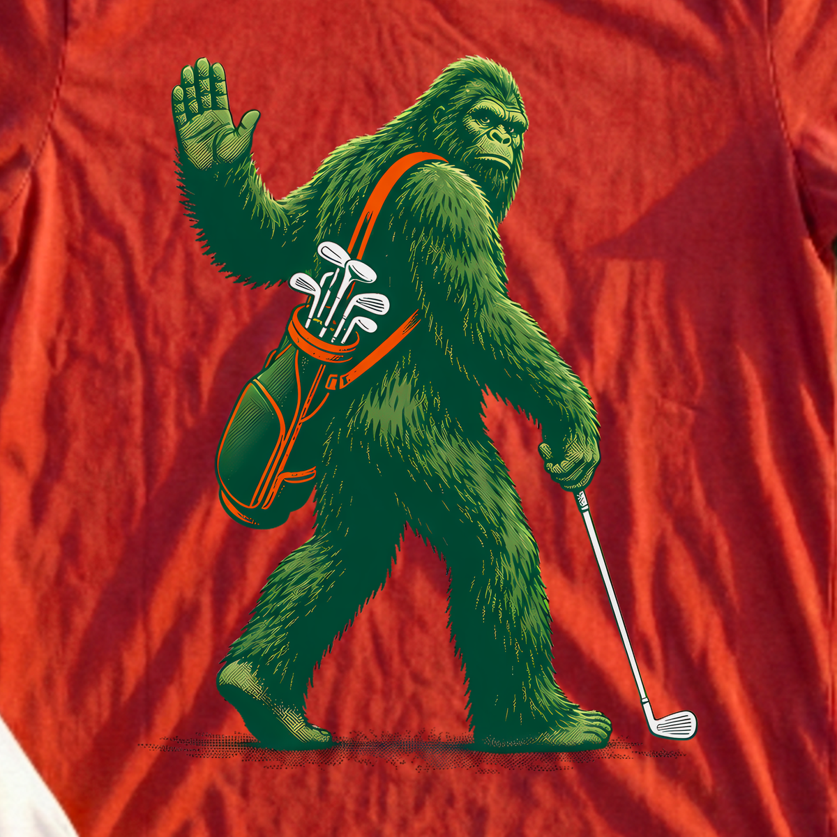 Waving Sasquatch Tee, print close-up on Red