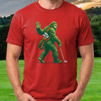 Waving Sasquatch Tee worn on the golf course, Red