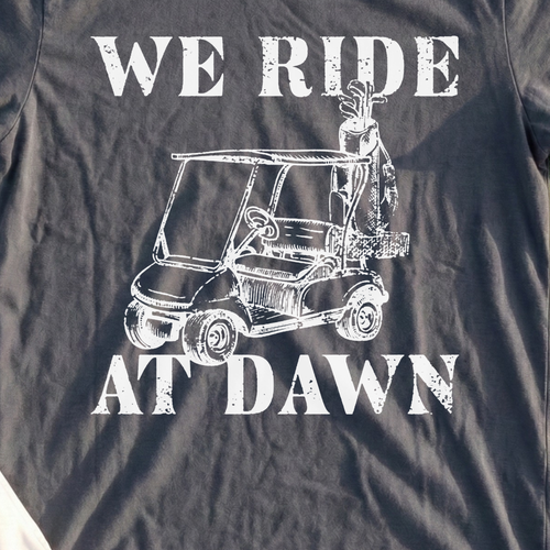 We Ride At Dawn Cart Tee, print close-up on Dark Heather