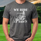 We Ride At Dawn Cart Tee worn on the golf course, Dark Heather