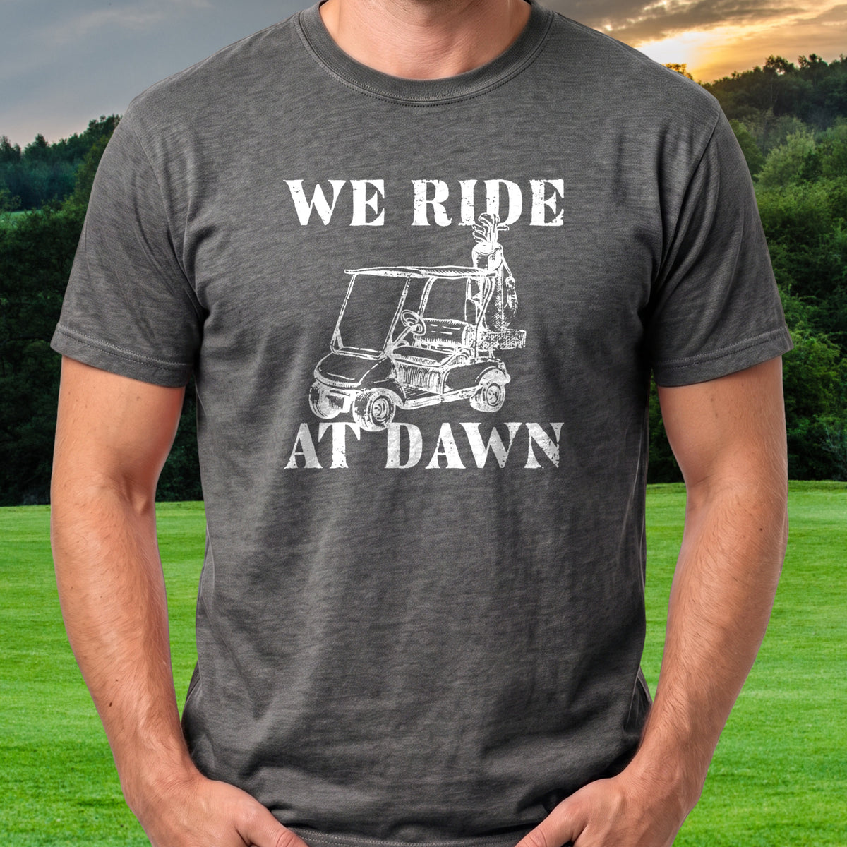We Ride At Dawn Cart Tee worn on the golf course, Dark Heather