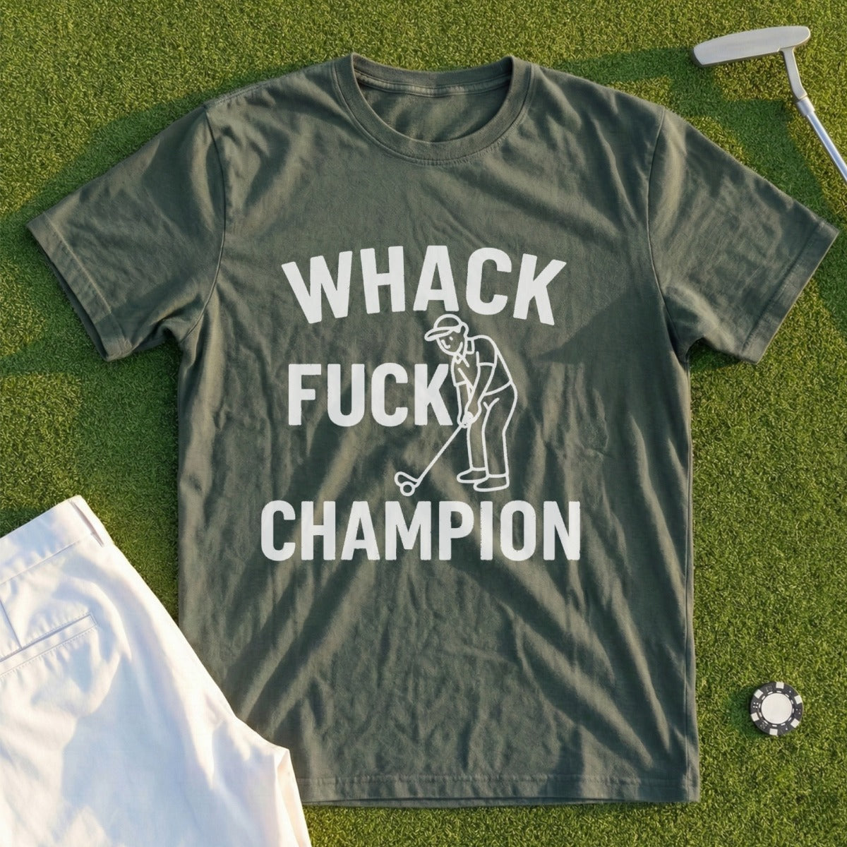 Green t-shirt with "WHACK FUCK CHAMPION" text and golfer graphic.