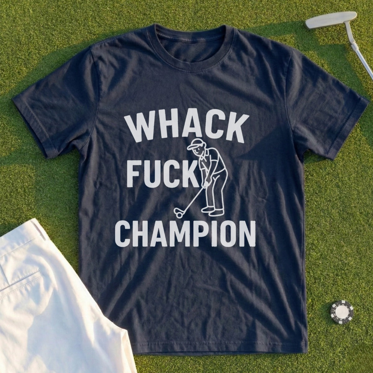 Navy t-shirt with "WHACK FUCK CHAMPION" graphic and golfer illustration.