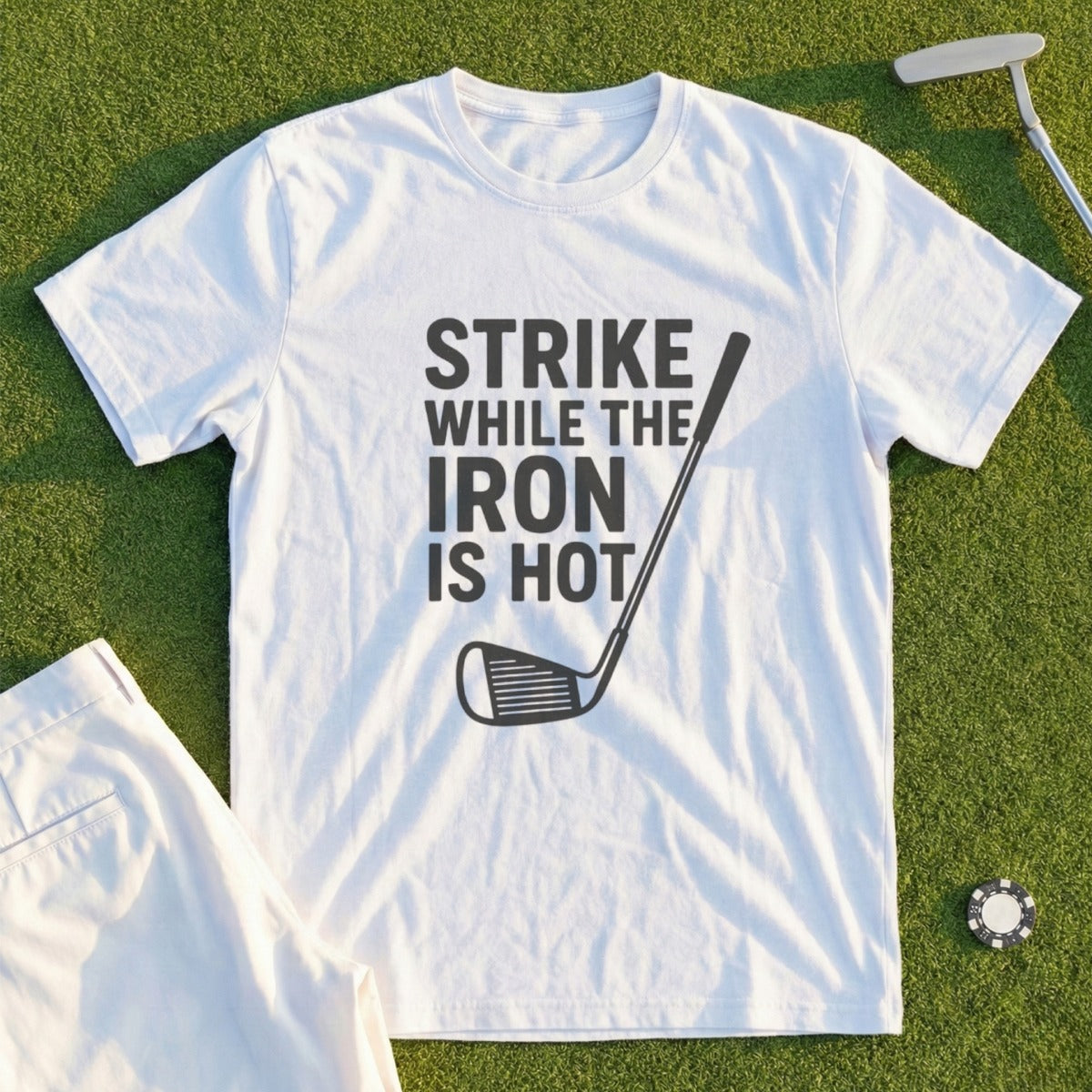 White t-shirt with "Strike while the iron is hot" text and golf club graphic.