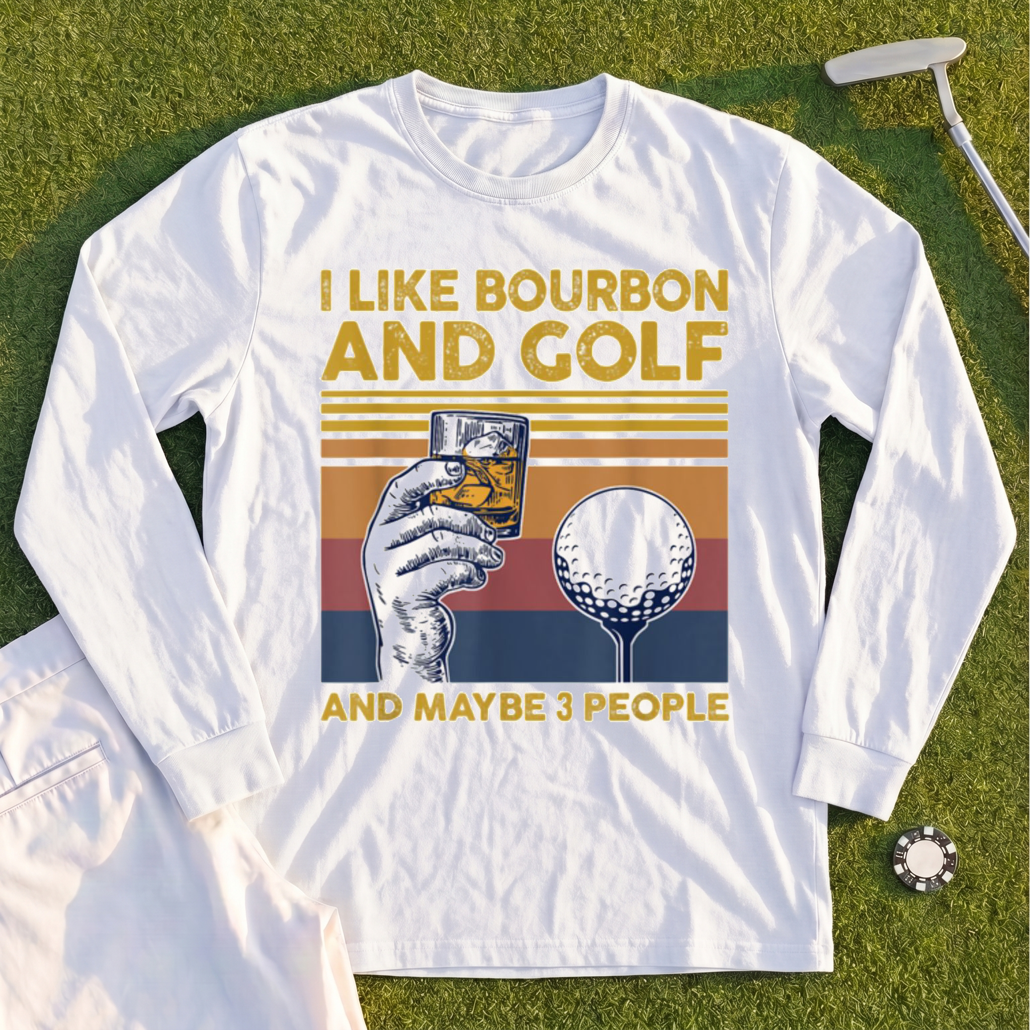 I Like Bourbon and Golf Long Sleeve Tee - White