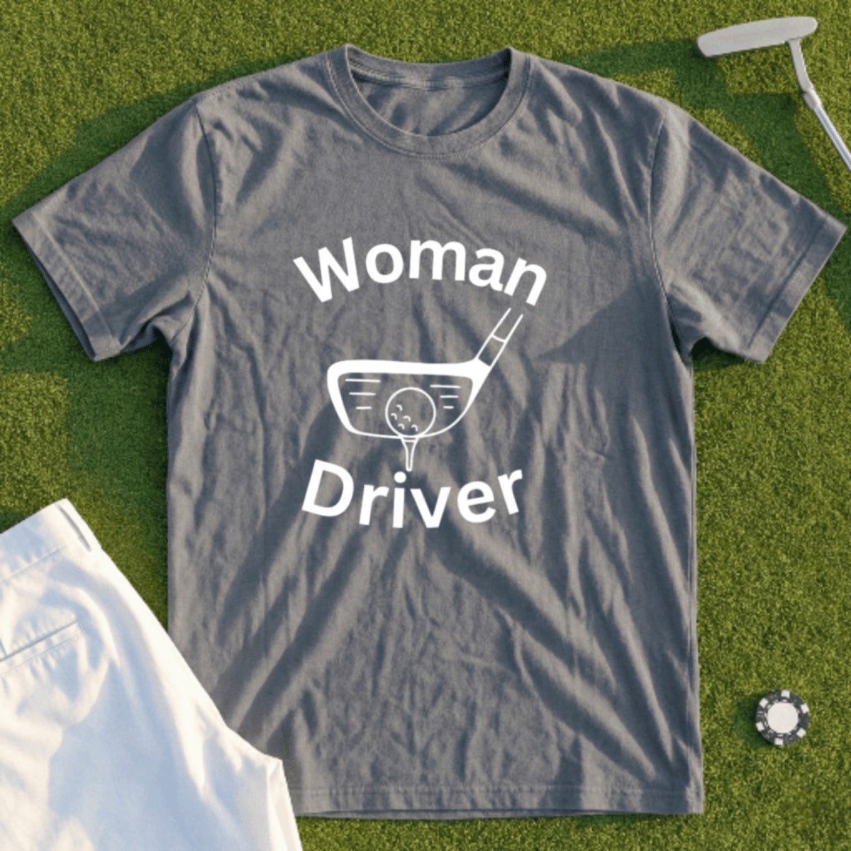 Gray t-shirt with "Woman Driver" and golf club graphic.