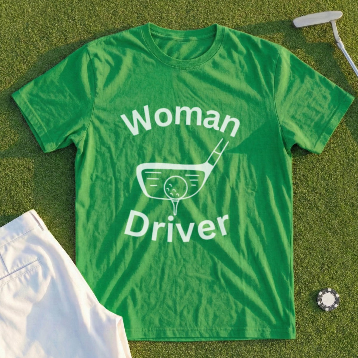 Green t-shirt with "Woman Driver" text and golf club graphic.