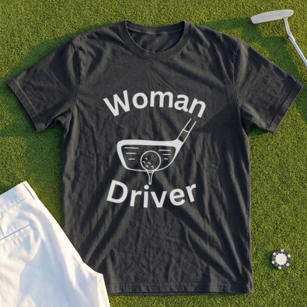 Black t-shirt with "Woman Driver" text and golf club graphic.