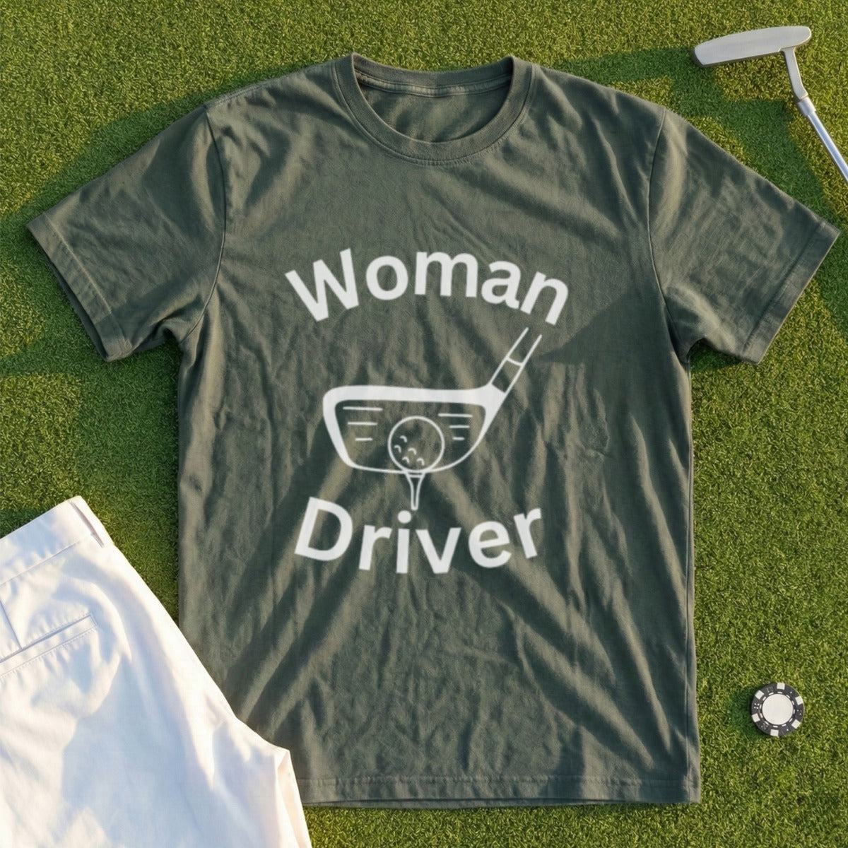 Green t-shirt with "Woman Driver" text and golf club graphic.