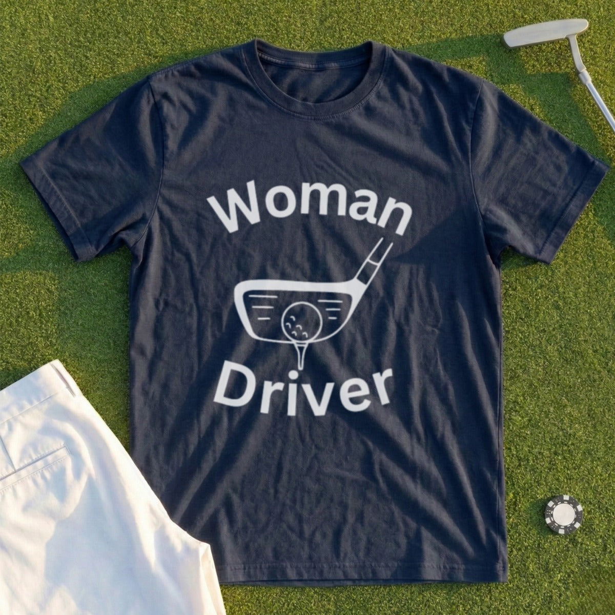 Dark blue t-shirt with "Woman Driver" text and golf club graphic.