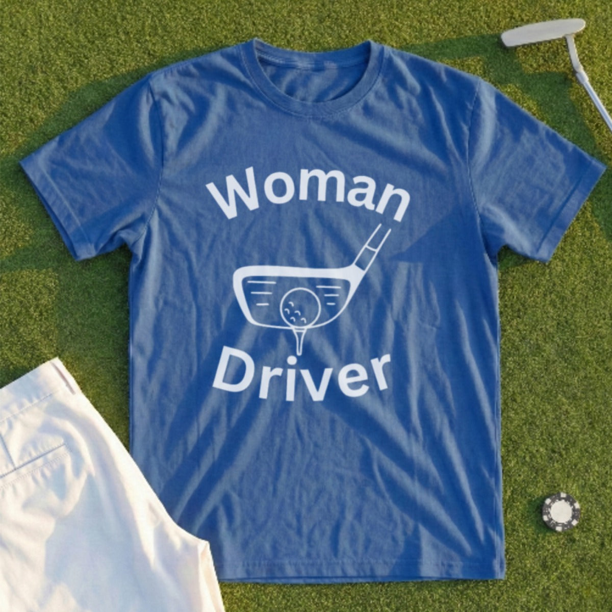 Blue t-shirt with "Woman Driver" and golf club graphic.