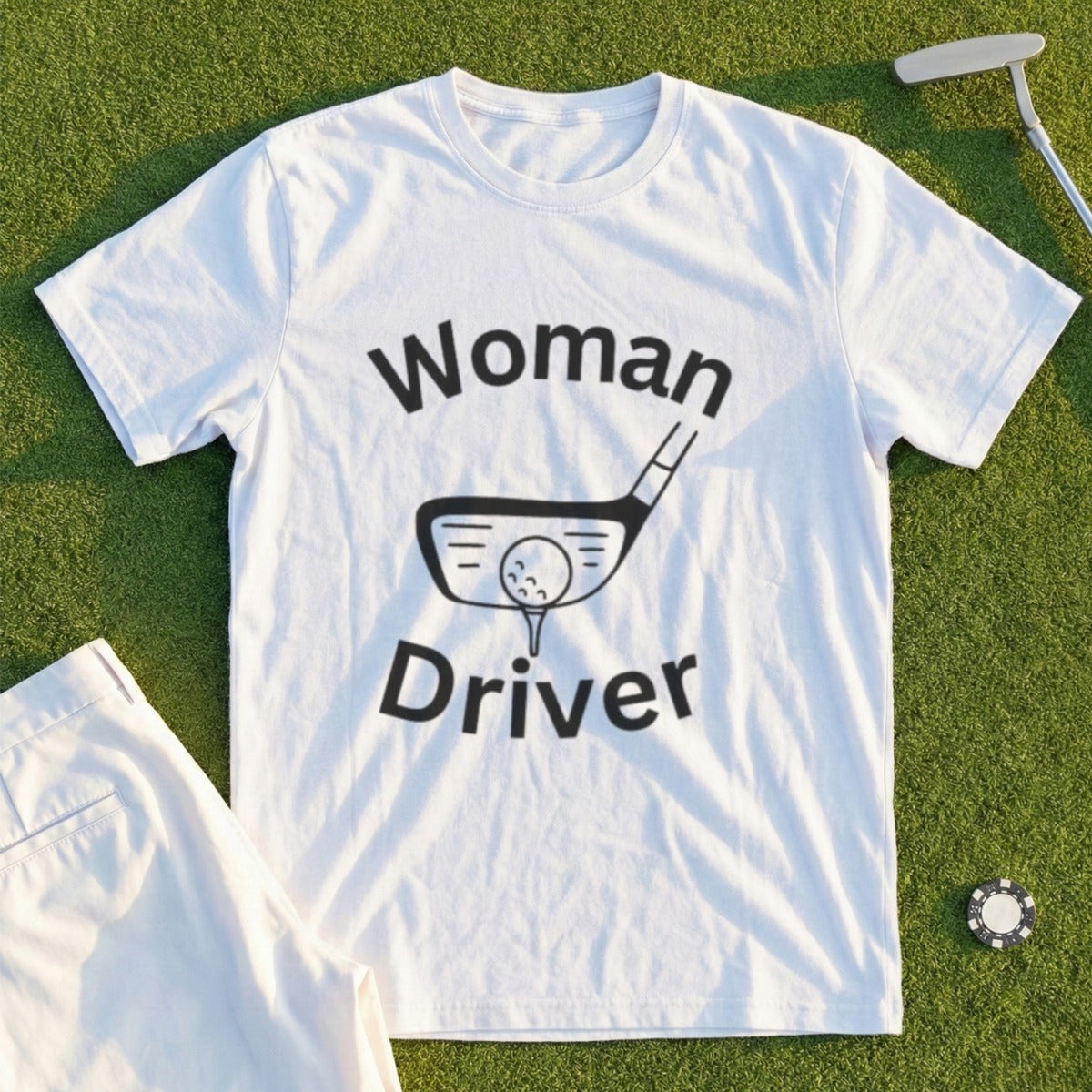 White t-shirt with "Woman Driver" text and golf club graphic.