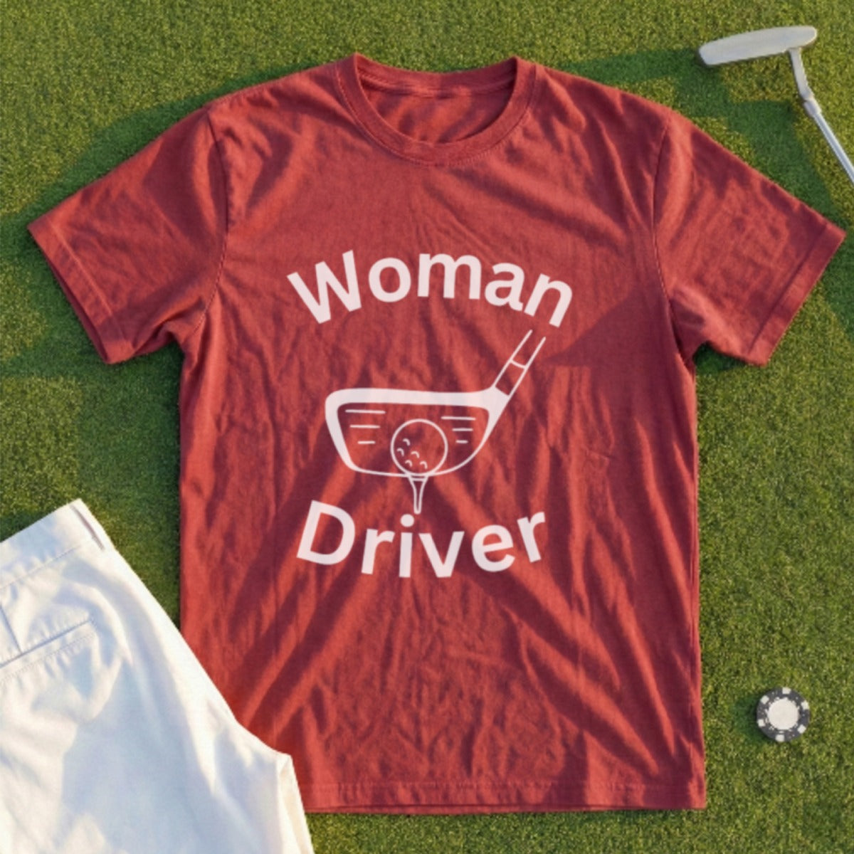 Maroon t-shirt with "Woman Driver" text and golf club illustration.