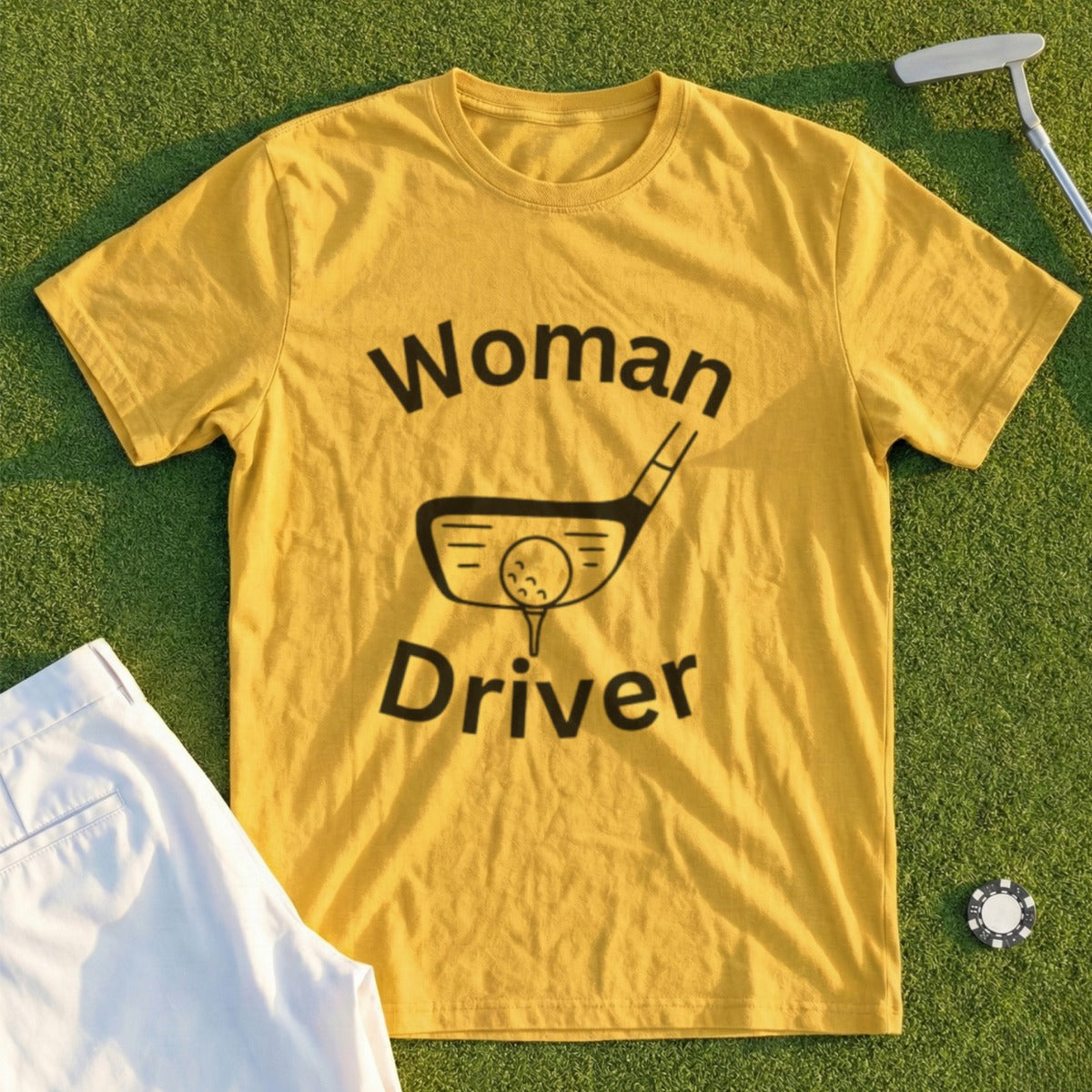 Yellow t-shirt with "Woman Driver" and golf club with ball graphic.