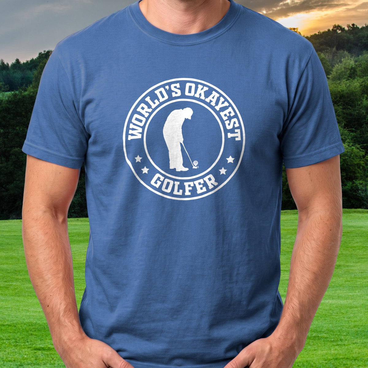 World's Okayest Golfer Tee worn on the golf course, Royal