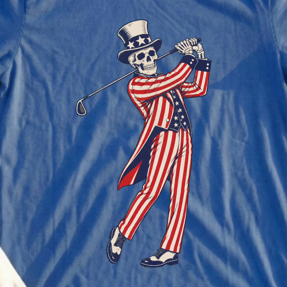 Yankee Doodle Swing Tee, print close-up on Royal