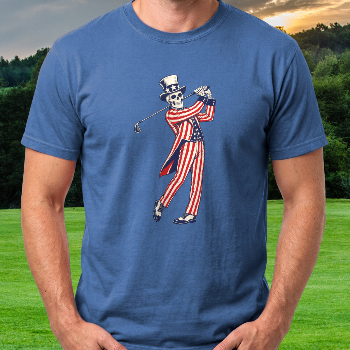 Yankee Doodle Swing Tee worn on the golf course, Royal