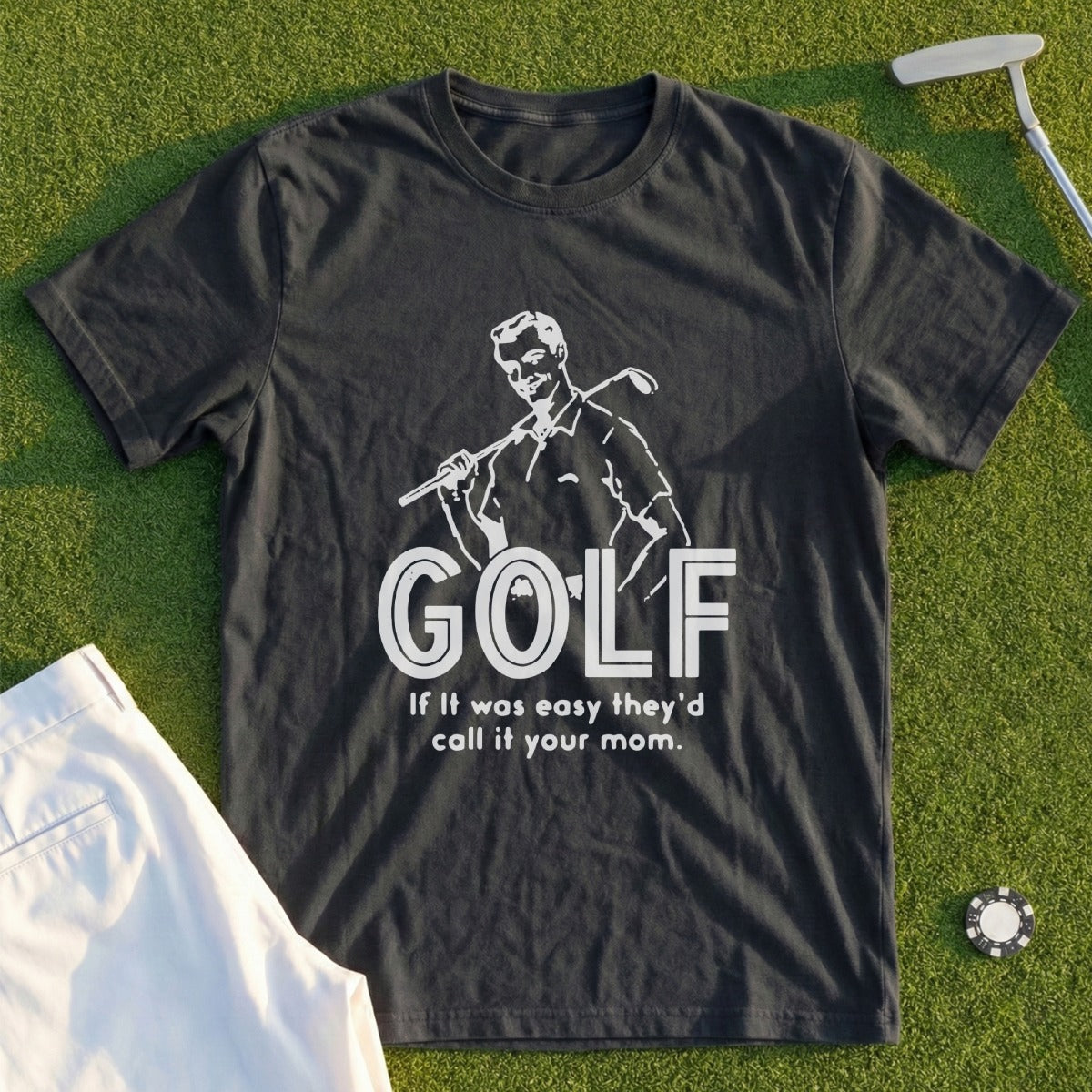 Dark gray t-shirt with "GOLF" and humorous text about difficulty.