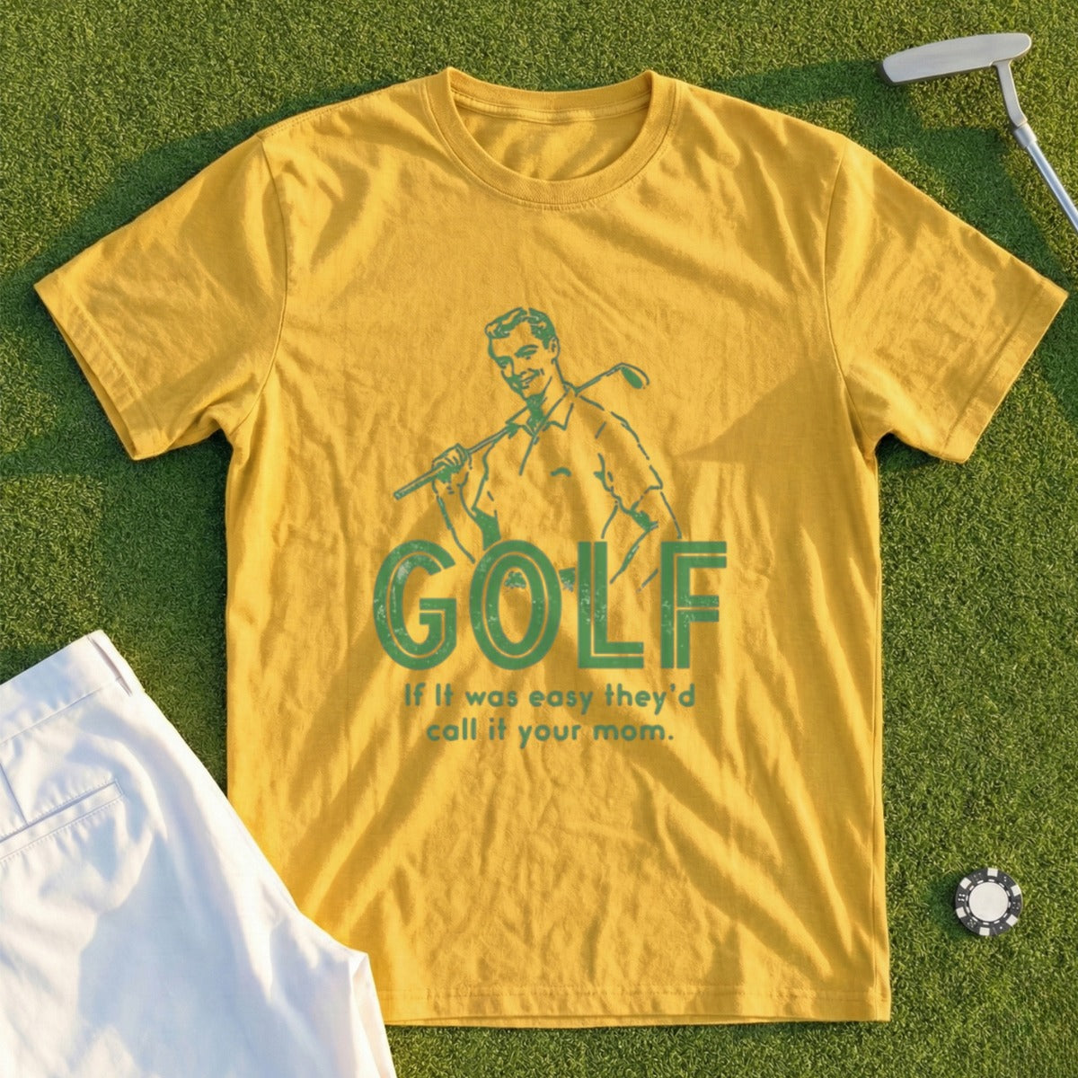Yellow t-shirt with vintage golfer graphic and text "GOLF If it was easy they'd call it your mom."