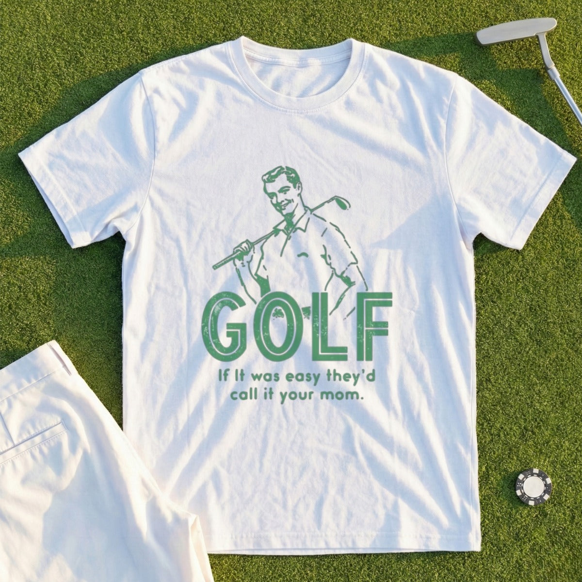 White t-shirt with "GOLF" and retro golfer graphic.