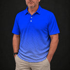 Blue Dot Fade Performance Print Polo worn, front view
