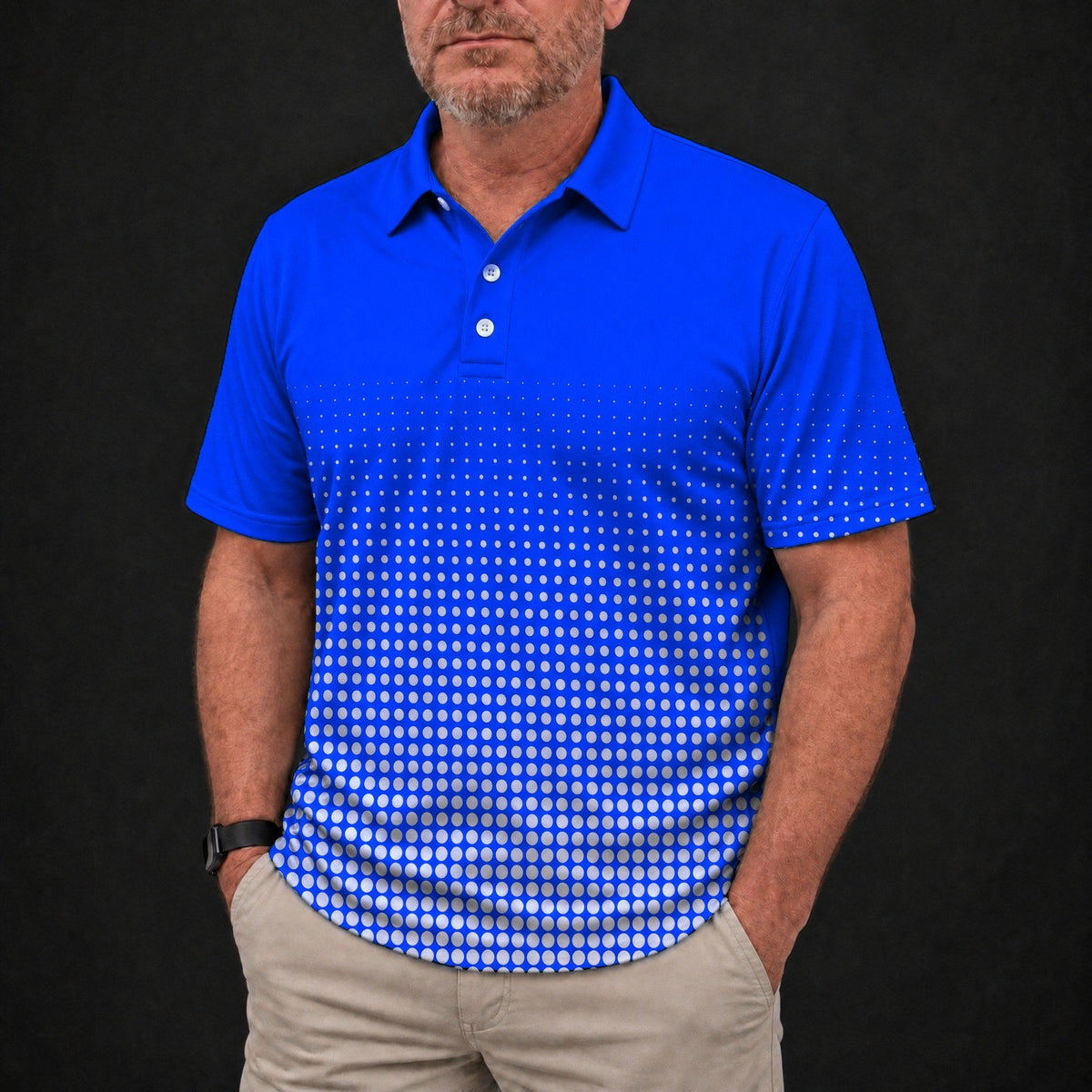 Blue Dot Fade Performance Print Polo worn, front view