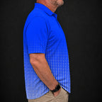 Blue Dot Fade Performance Print Polo worn, side view