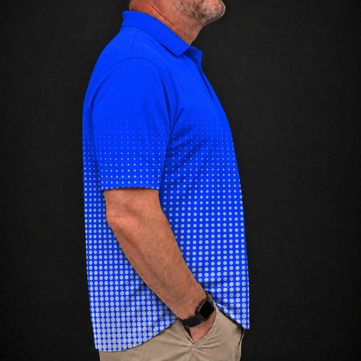 Blue Dot Fade Performance Print Polo worn, side view