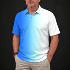Blue Fade Performance Print Polo worn, front view