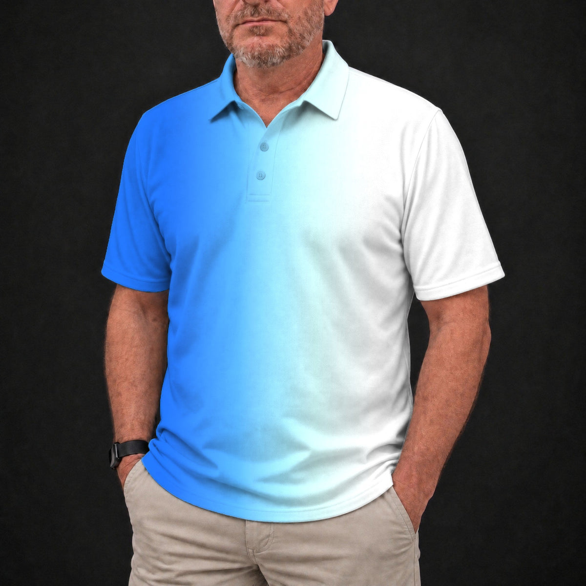 Blue Fade Performance Print Polo worn, front view