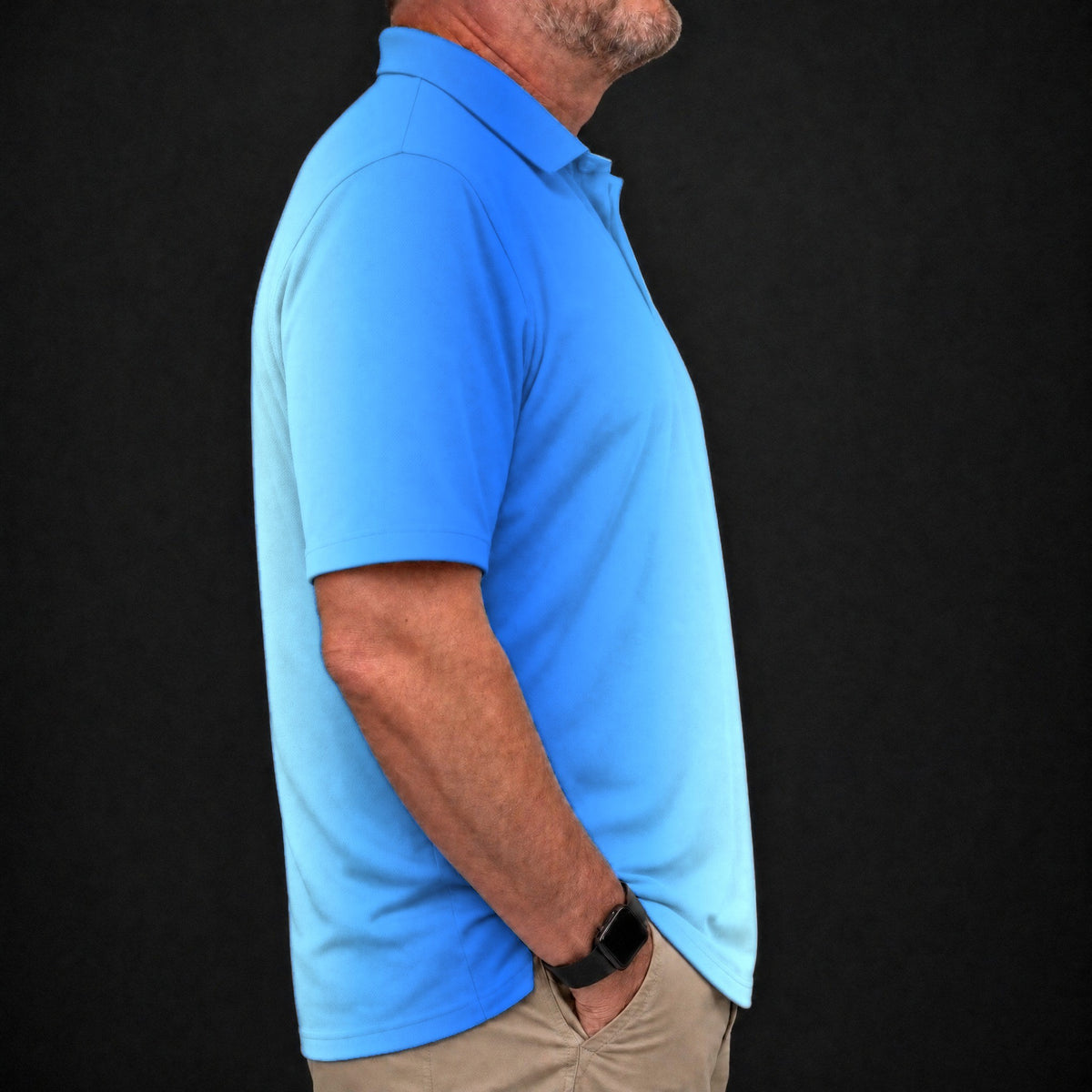 Blue Fade Performance Print Polo worn, side view