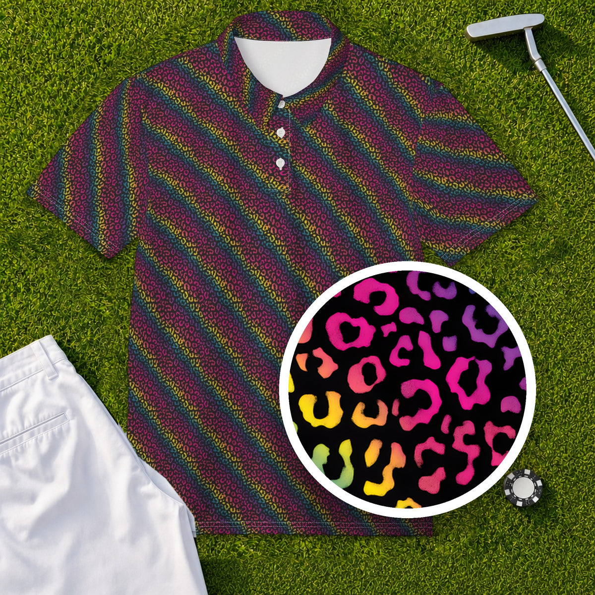 Rainbow Leopard Performance Print Polo, print close-up