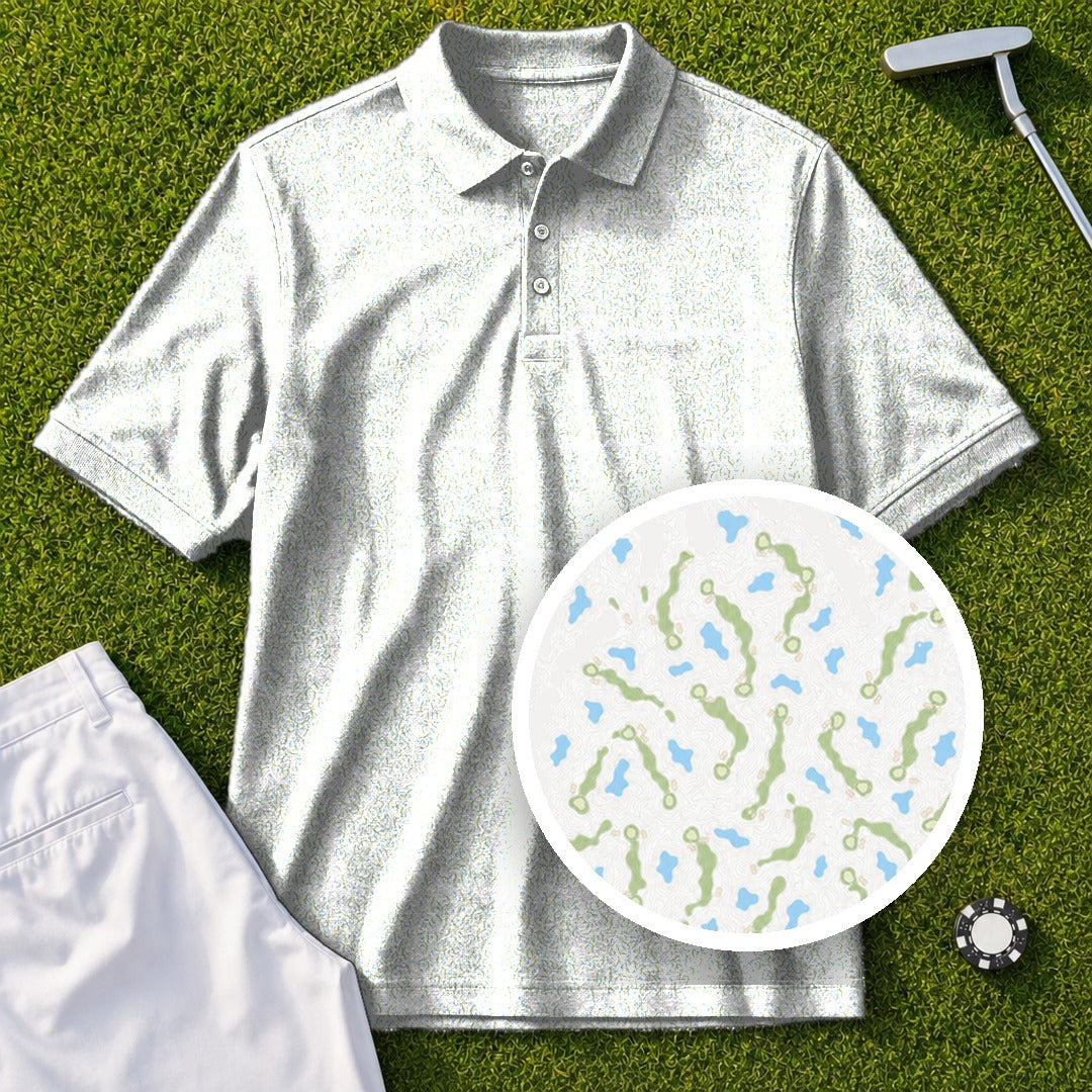Course Contours Performance Print Polo, all-over print, flat lay