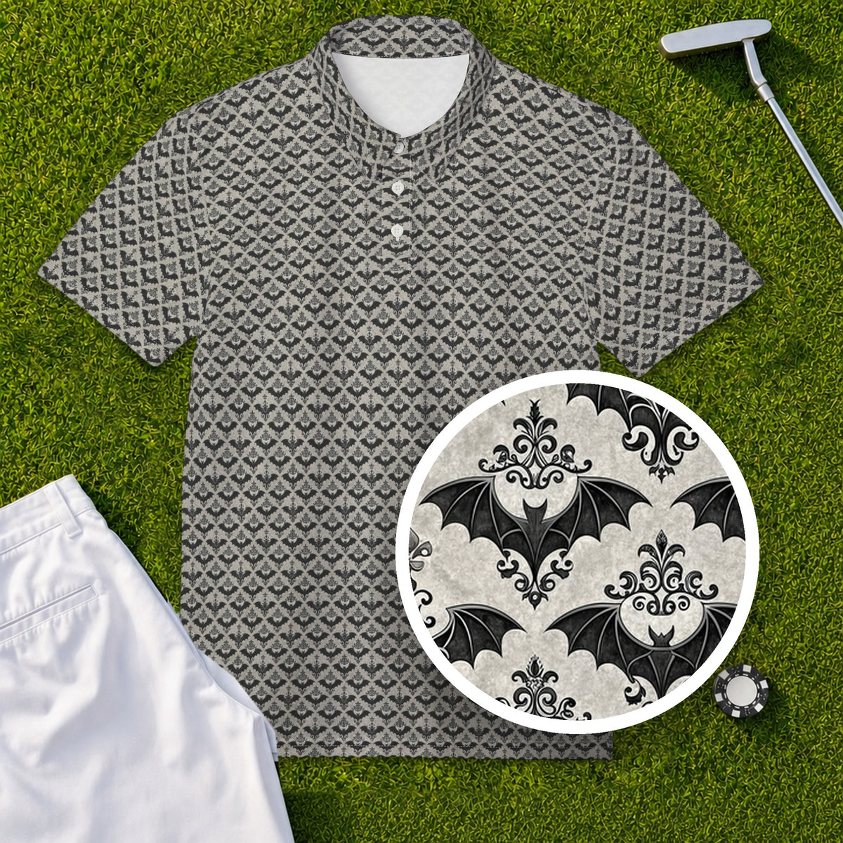 Gothic Bats Performance Print Polo, print close-up