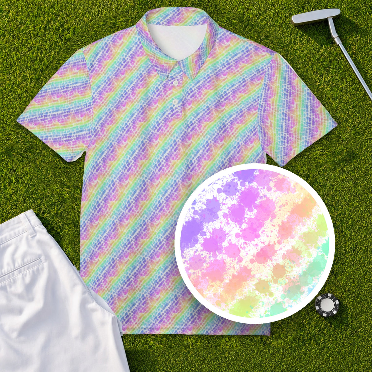 Rainbow Scribble Performance Print Polo, print close-up