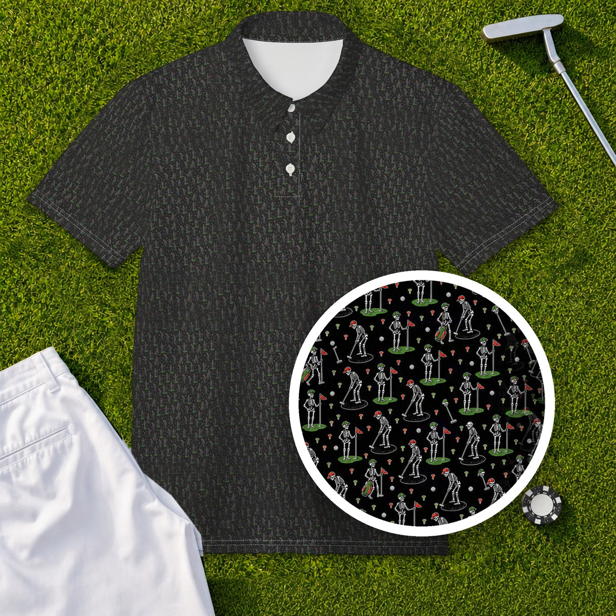 Skeleton Caddie Performance Print Polo, print close-up