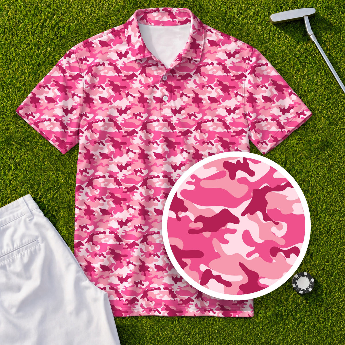 Pink Camo Performance Print Polo, print close-up
