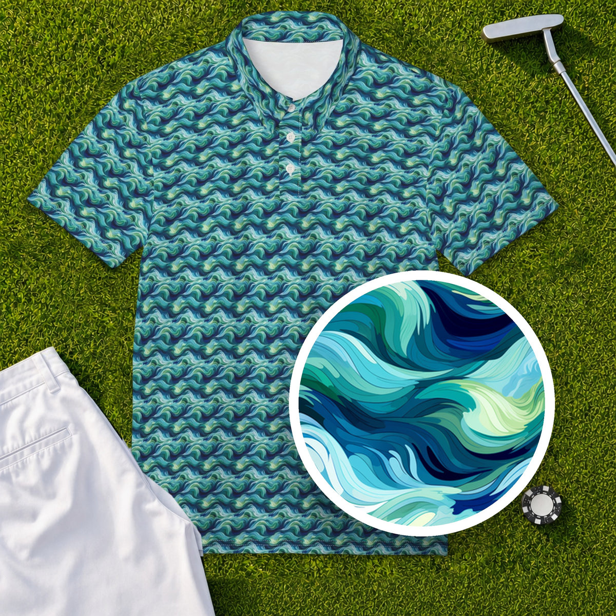 Ocean Swirl Performance Print Polo, print close-up