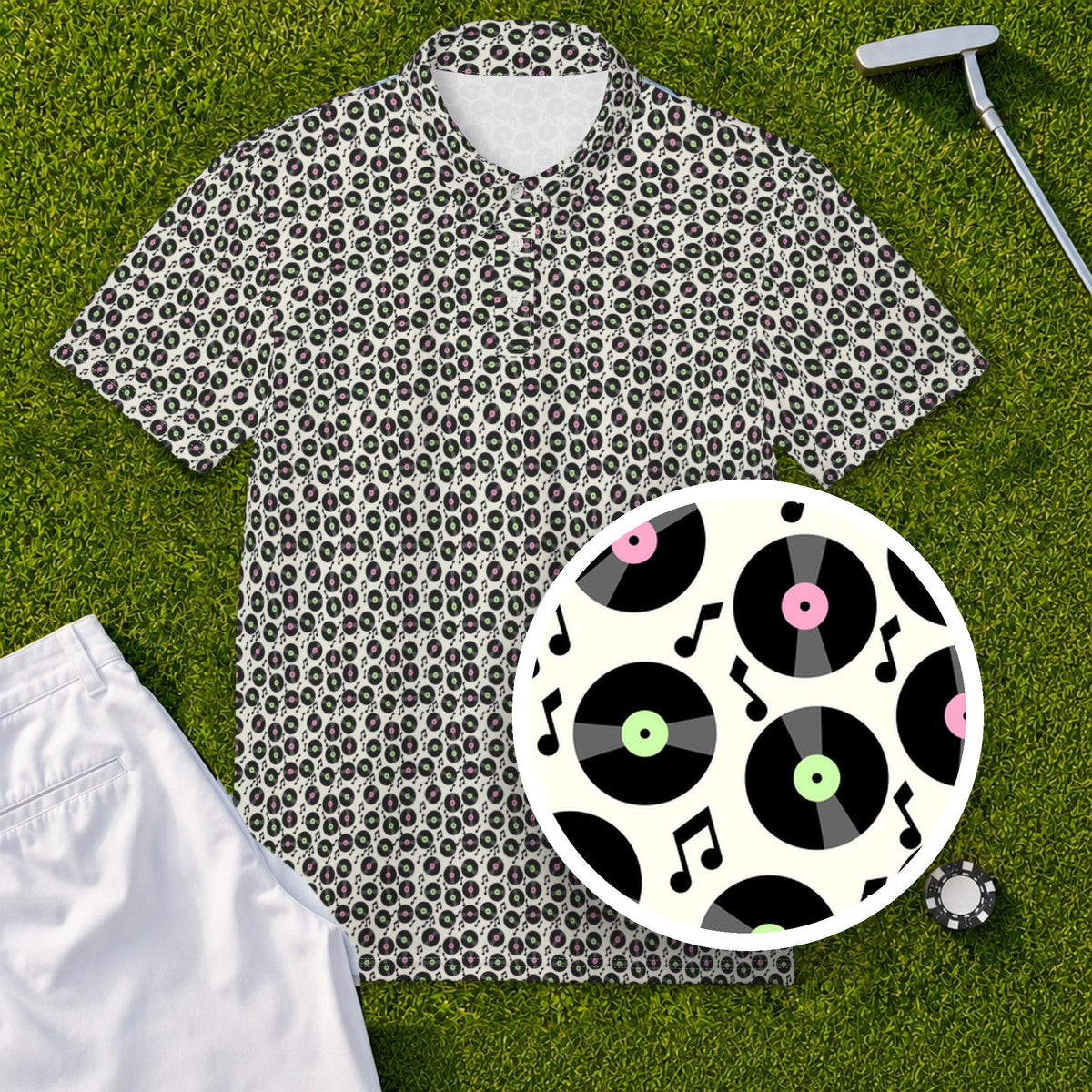 Vinyl Records Performance Print Polo, print close-up