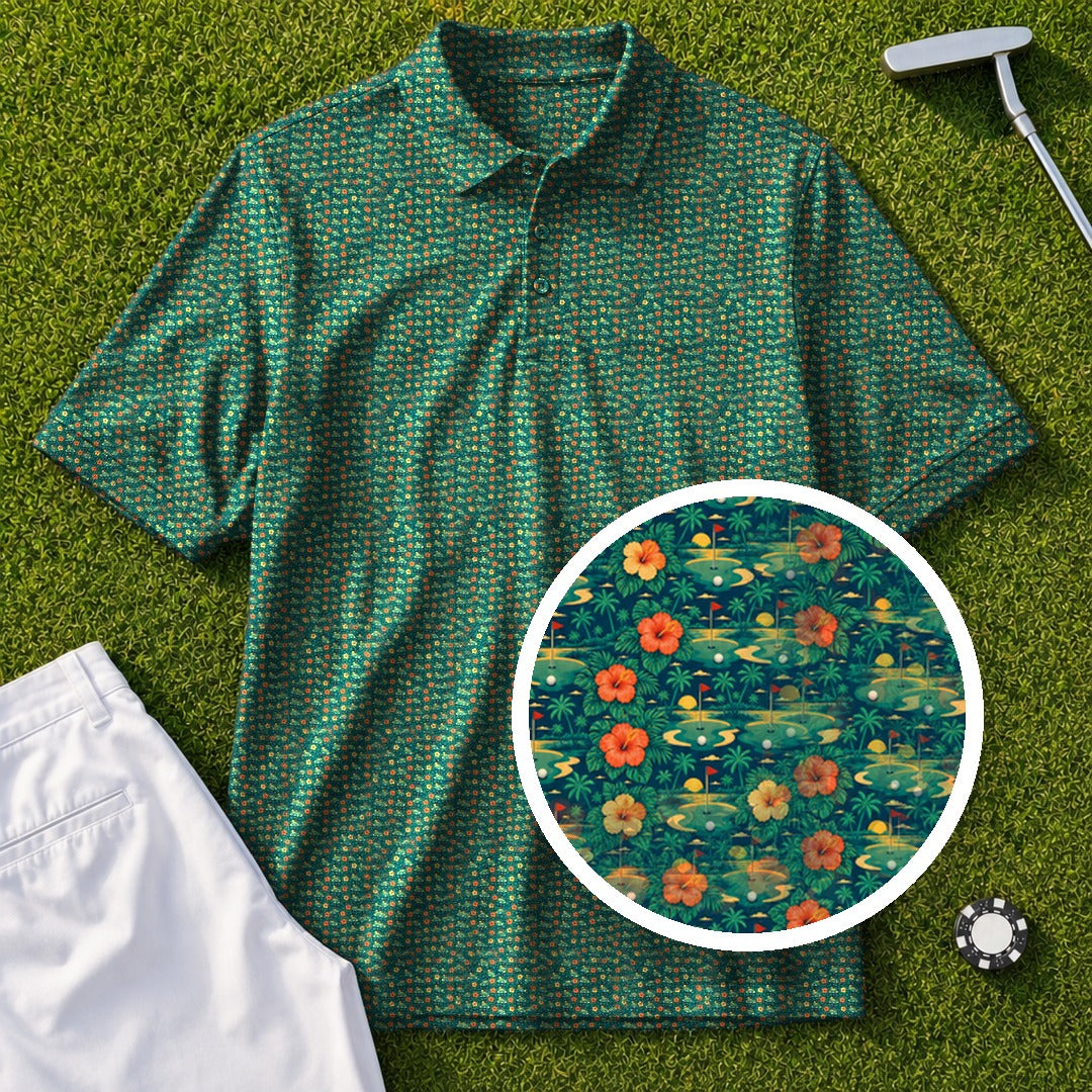 Fairways Are Calling Performance Print Polo, print close-up