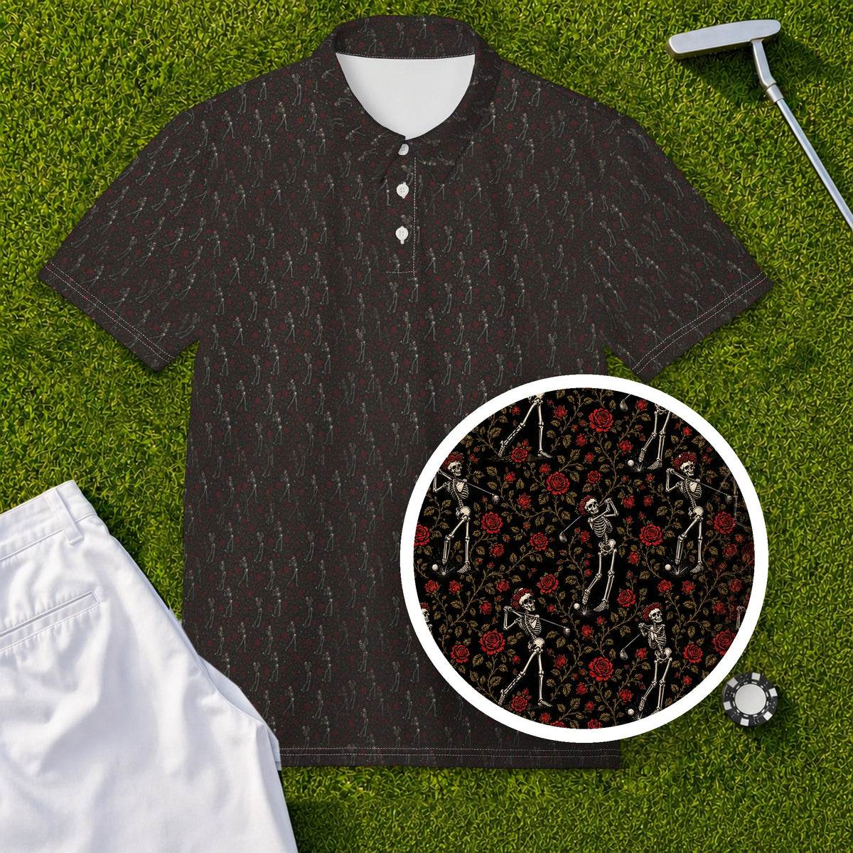 Rose Skeleton Toile Performance Print Polo, print close-up