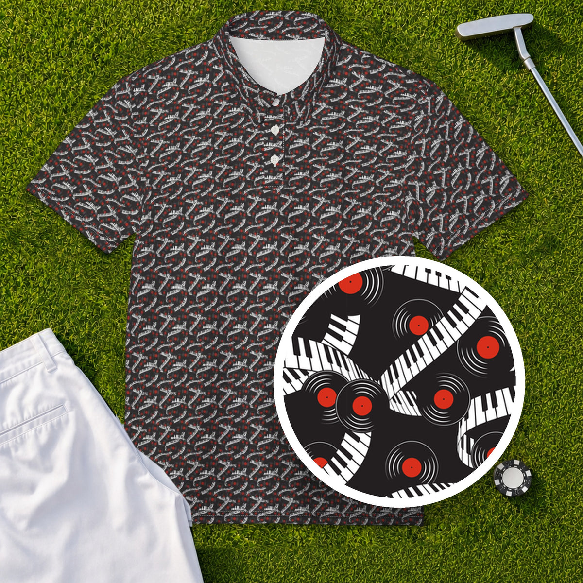 Piano And Vinyl Performance Print Polo, print close-up