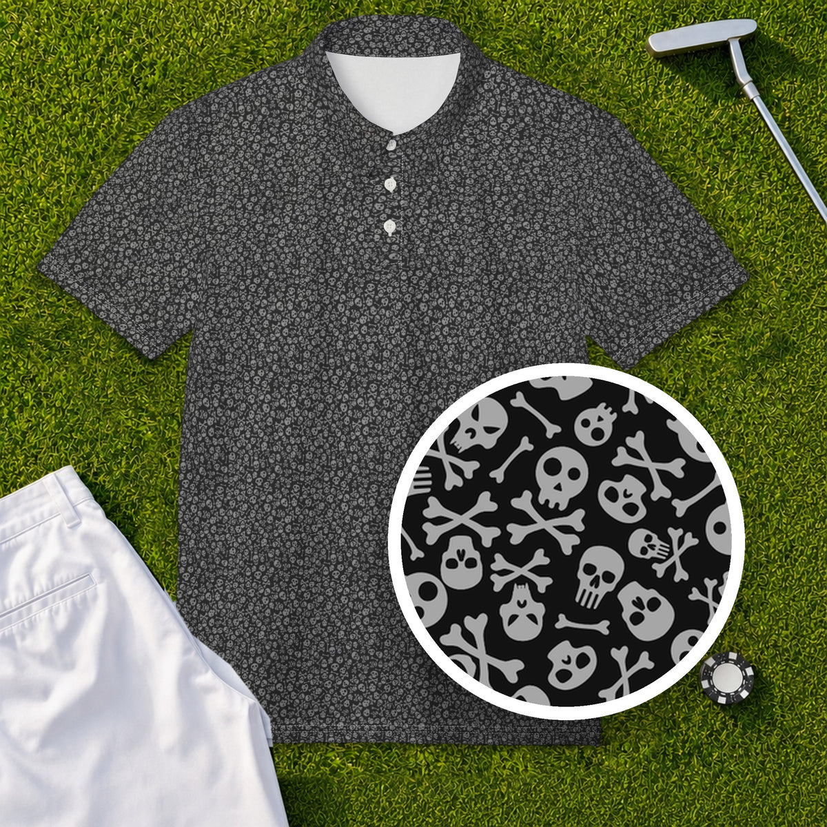 Skull Pile Performance Print Polo, print close-up