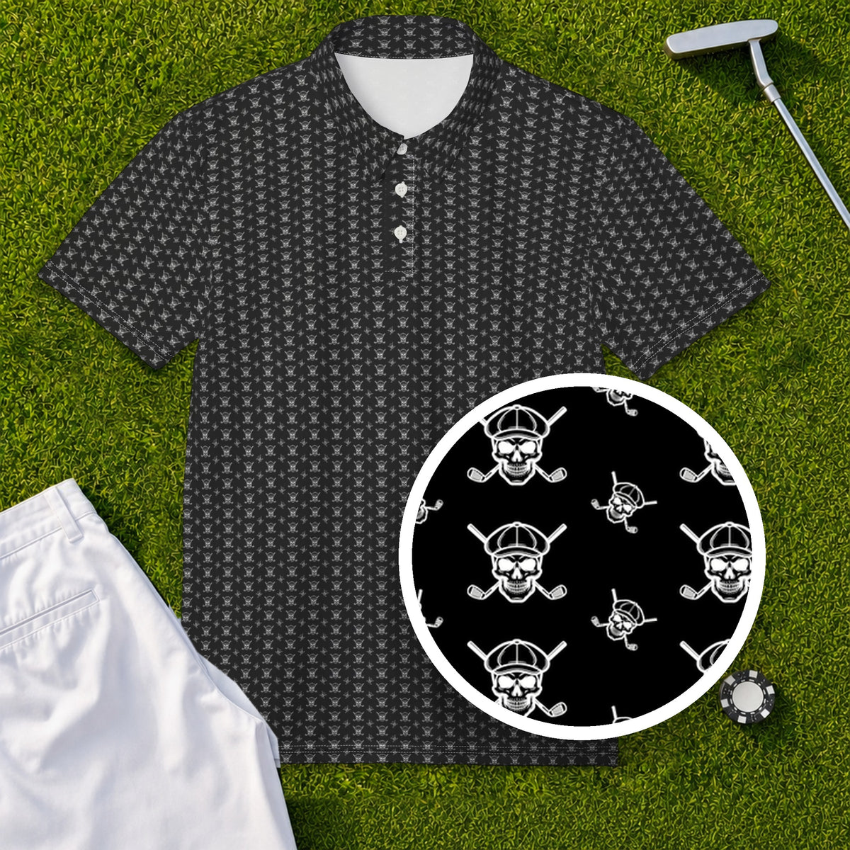 Skull And Cross Clubs Performance Print Polo, print close-up