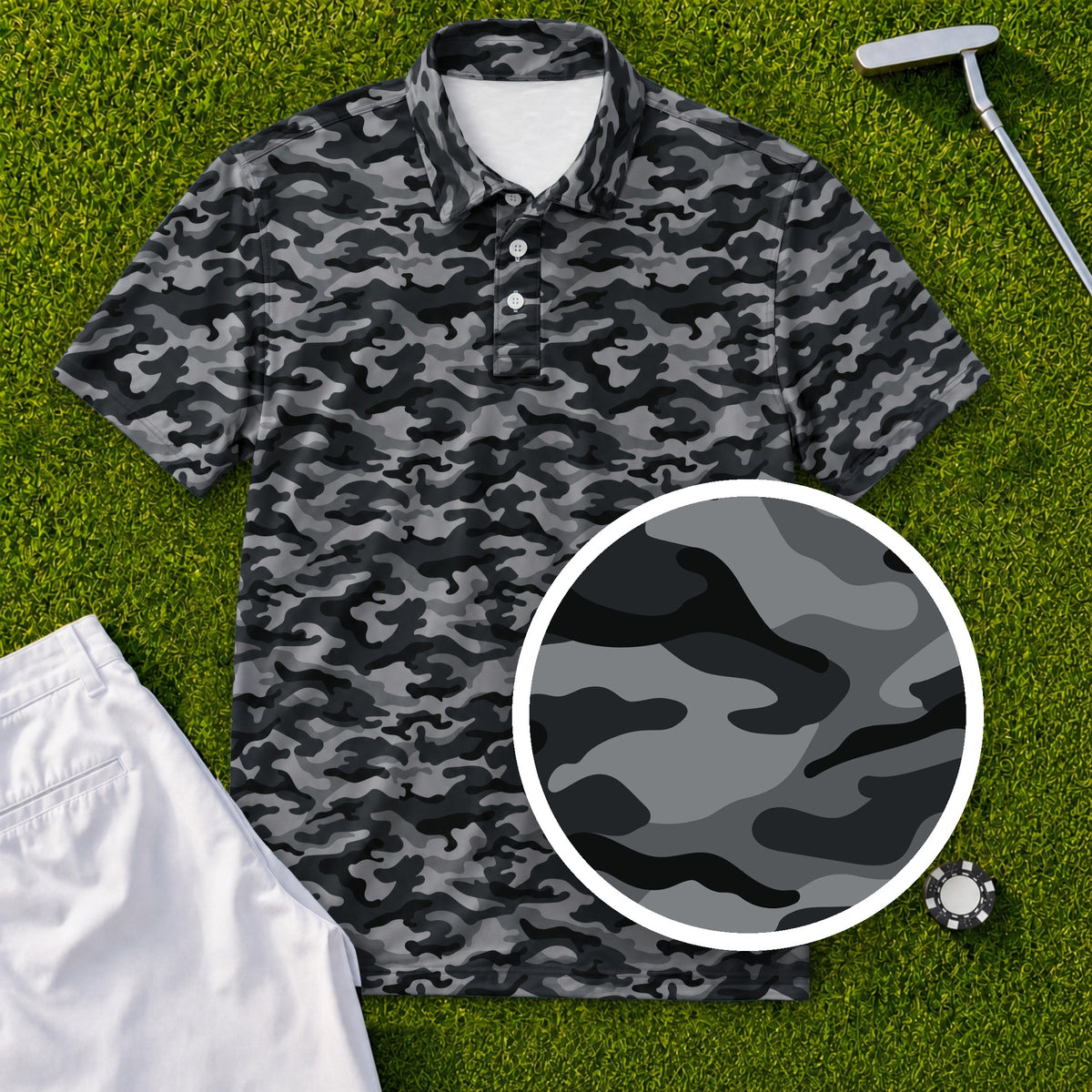 Grey Camo Performance Print Polo, print close-up