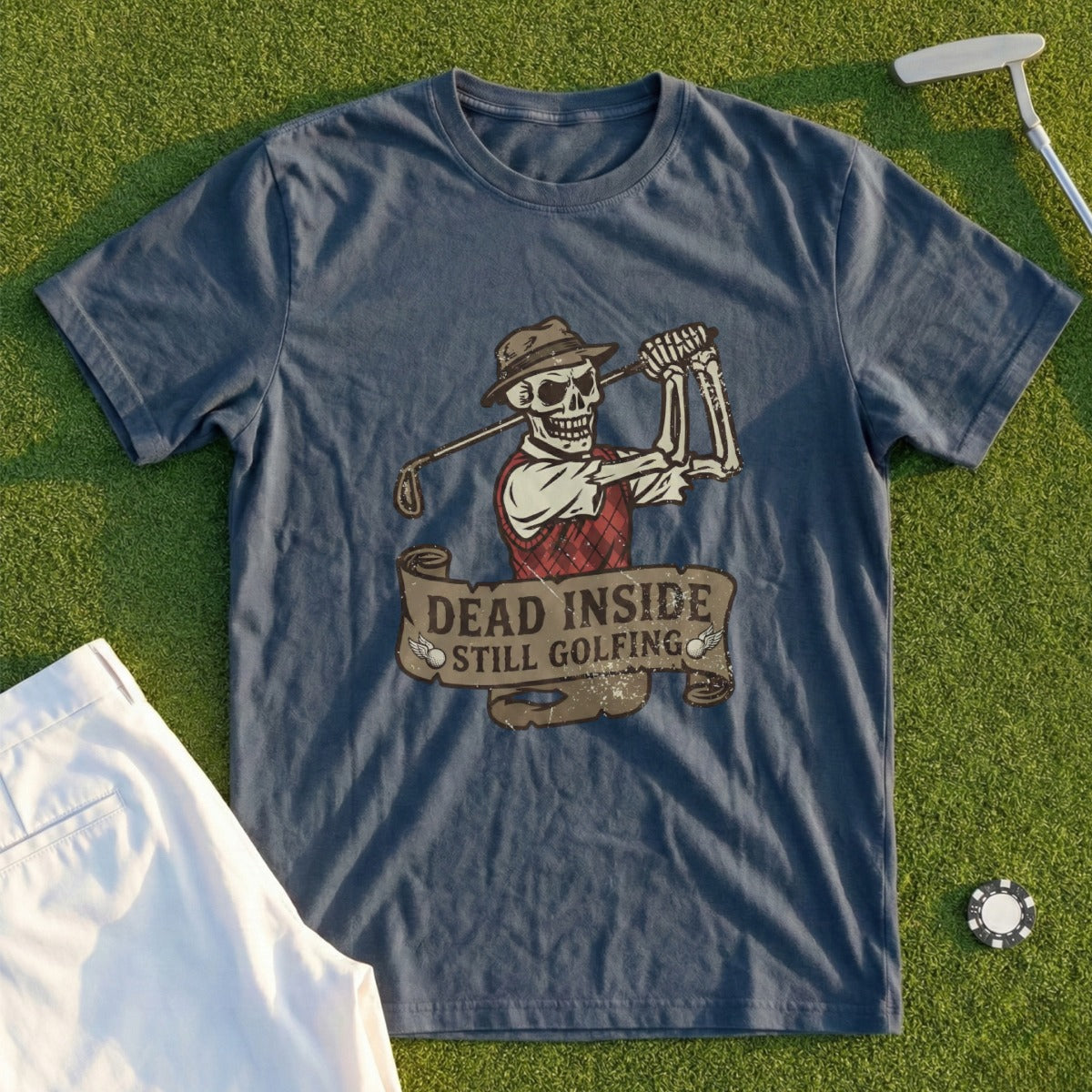 Dead Inside Still Golfing Skeleton Graphic Shirt