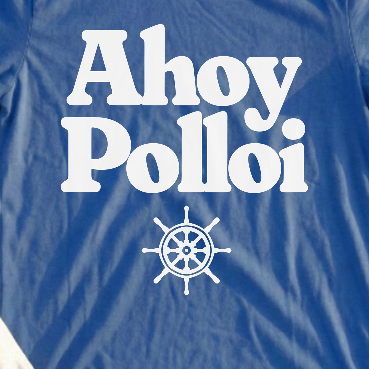 Ahoy Polloi Tee, print close-up on Royal